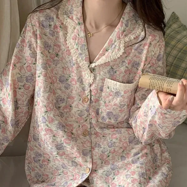 Thumbnail of Floral Cotton Button-Up Top High Waist Pant Two Piece Pajama Set