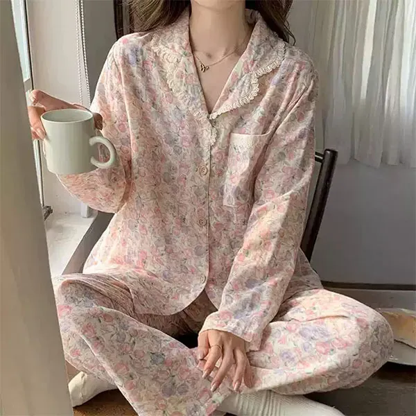 Thumbnail of Floral Cotton Button-Up Top High Waist Pant Two Piece Pajama Set