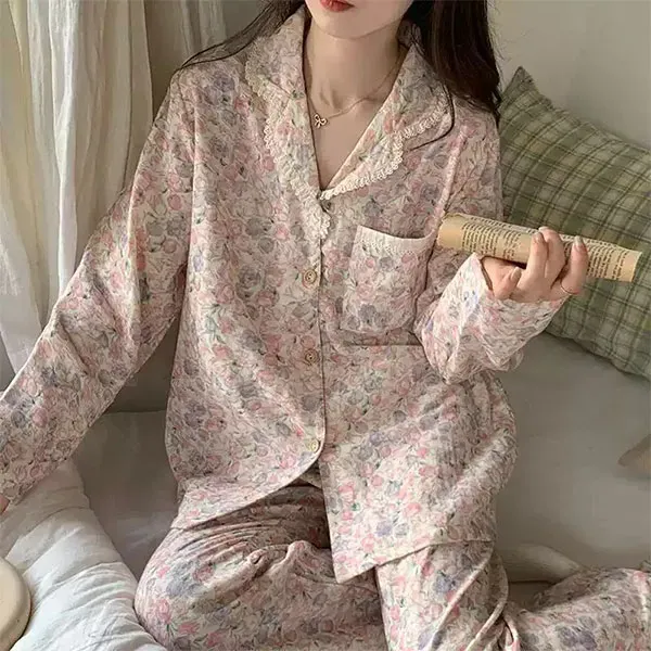 Thumbnail of Floral Cotton Button-Up Top High Waist Pant Two Piece Pajama Set