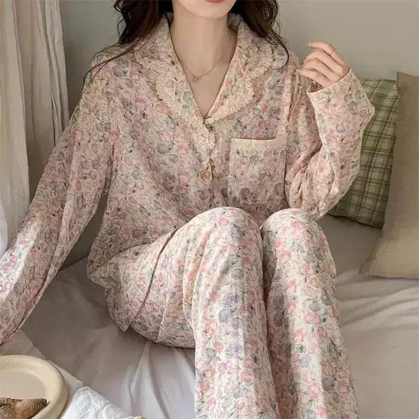 Thumbnail of Floral Cotton Button-Up Top High Waist Pant Two Piece Pajama Set