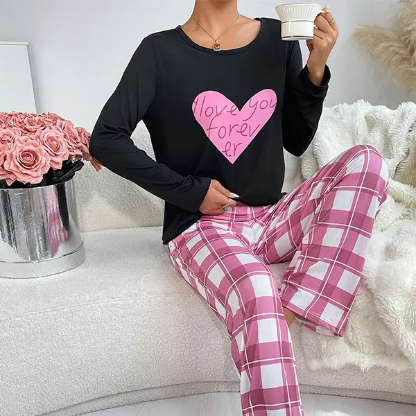 Cozy Heart and Plaid Women's Pajama Set
