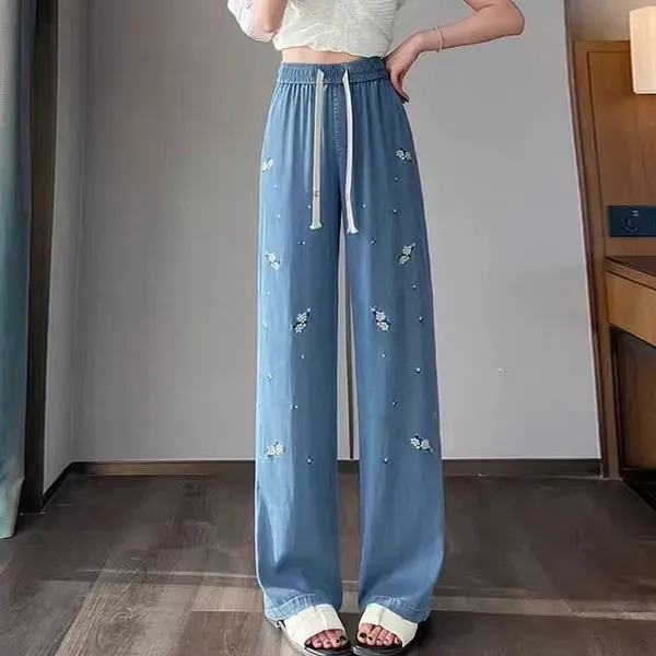 Floral Embroidered Wide Leg Soft Jeans