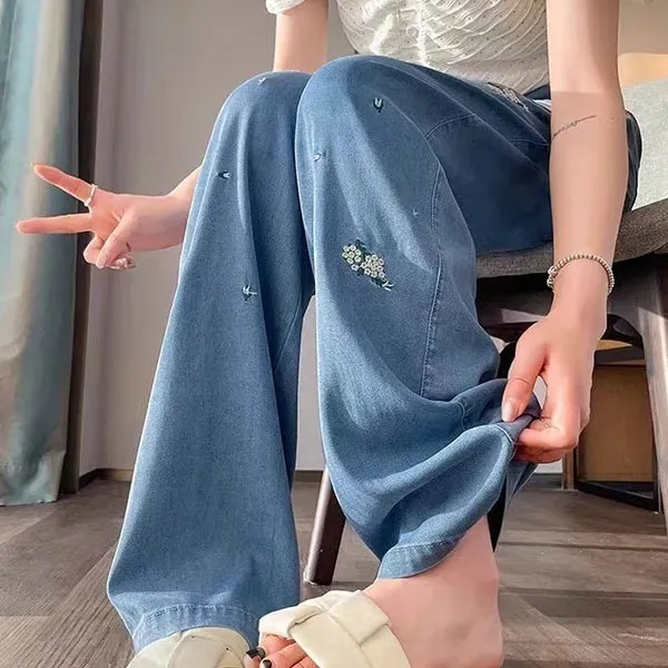 Floral Embroidered Wide Leg Soft Jeans