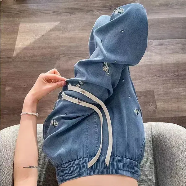 Floral Embroidered Wide Leg Soft Jeans