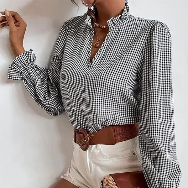 Chic Gingham Ruffle Long Sleeve Blouse