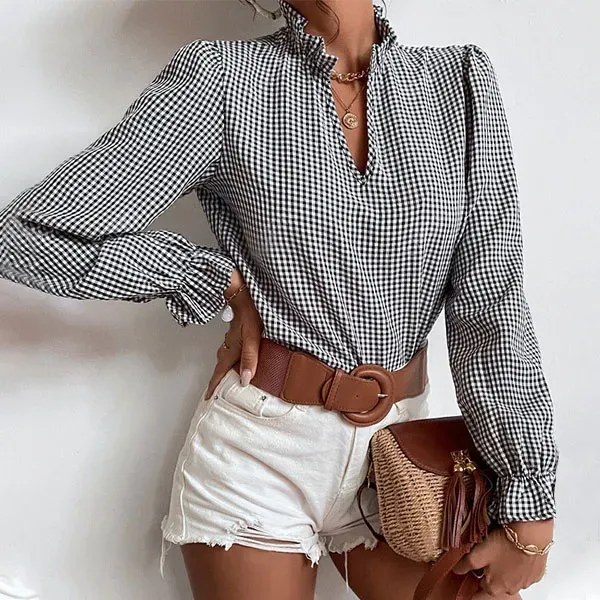 Chic Gingham Ruffle Long Sleeve Blouse