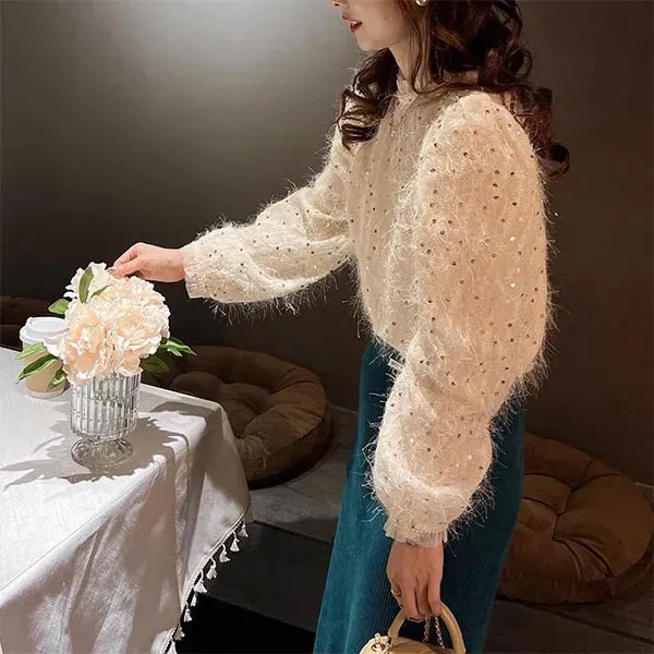 Thumbnail of Elegant Feather & Sequin Detail Long Sleeve Sweater