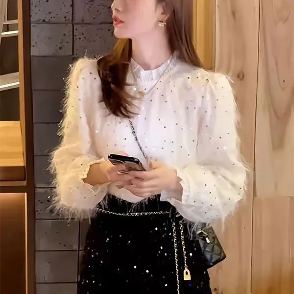 Thumbnail of Elegant Feather & Sequin Detail Long Sleeve Sweater