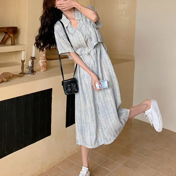 Thumbnail of Casual Striped Midi Dress with Waist Tie