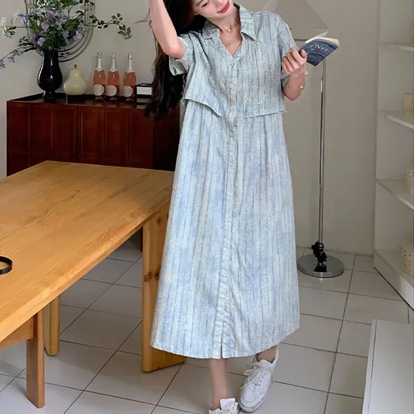 Casual Striped Midi Dress with Waist Tie