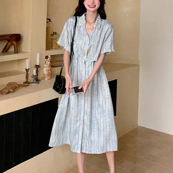 Casual Striped Midi Dress with Waist Tie