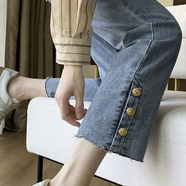 Denim Relaxed Fit Straight Jeans With Fashion Buttons