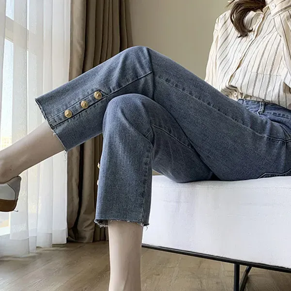 Denim Relaxed Fit Straight Jeans With Fashion Buttons