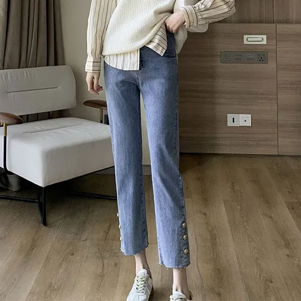 Denim Relaxed Fit Straight Jeans With Fashion Buttons