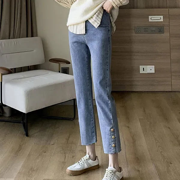 Denim Relaxed Fit Straight Jeans With Fashion Buttons