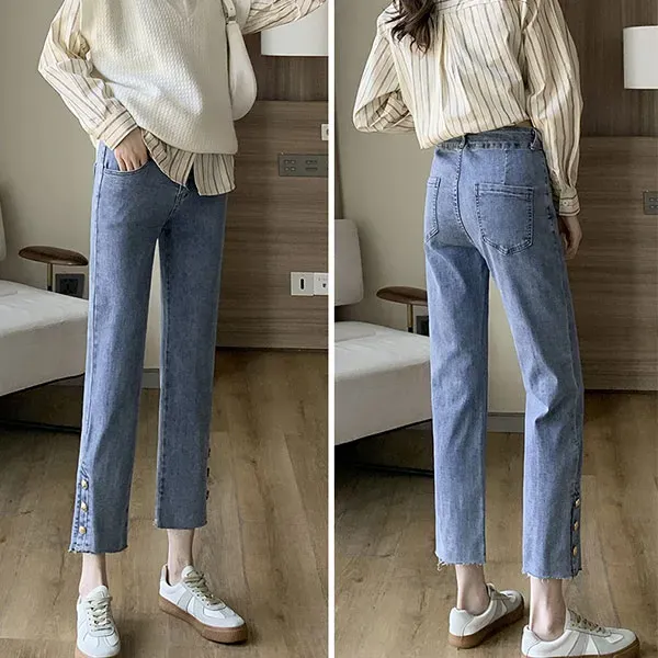 Denim Relaxed Fit Straight Jeans With Fashion Buttons