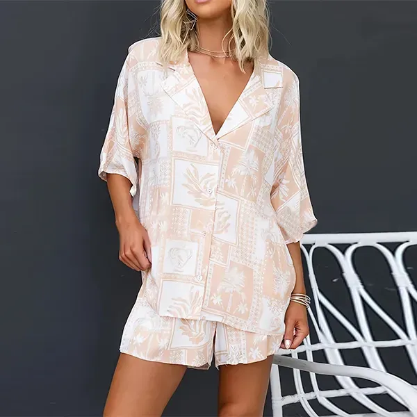 Palm Print Shirt and Shorts Summer Set