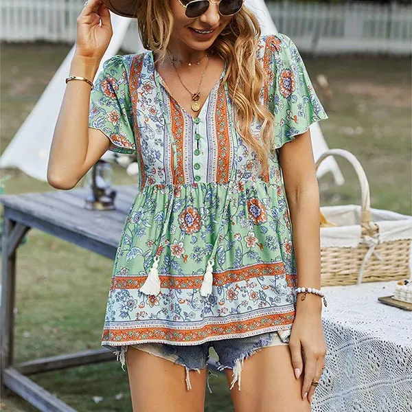 Floral Bohemian Button-Up Tunic Top