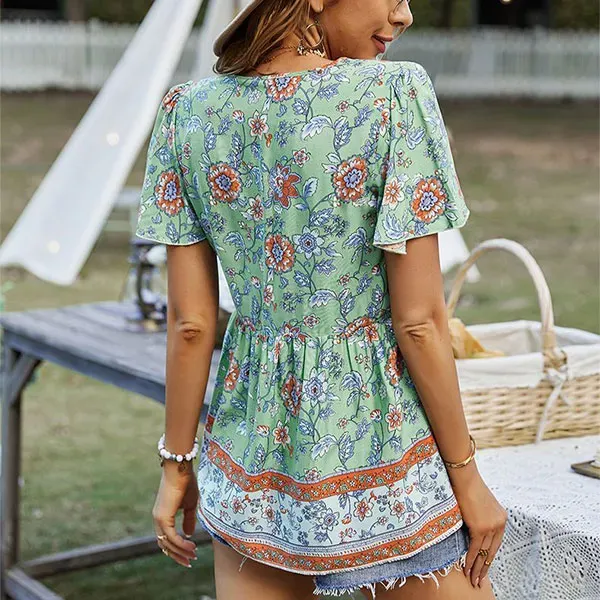 Floral Bohemian Button-Up Tunic Top