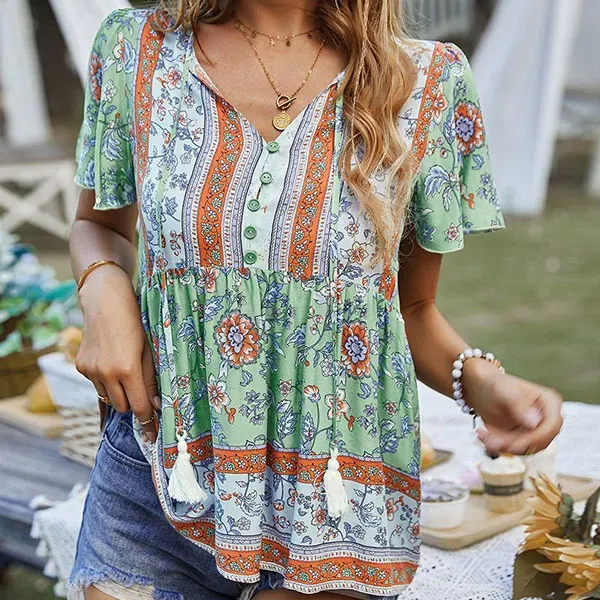Thumbnail of Floral Bohemian Button-Up Tunic Top
