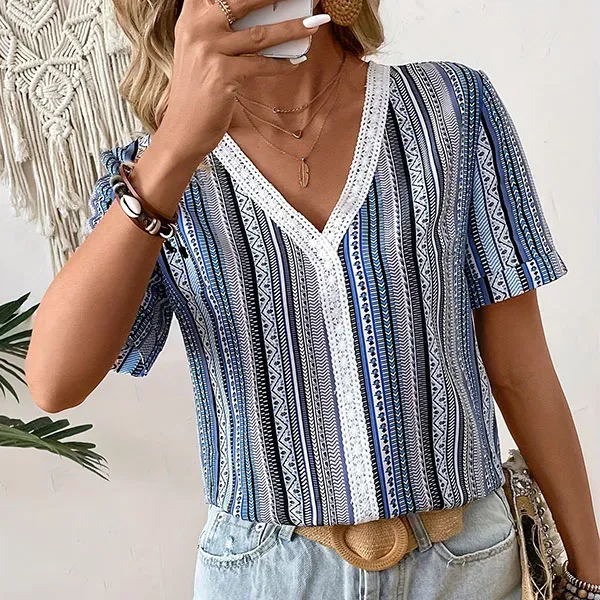 Thumbnail of Casual Striped V-Neck Top with Lace Trim