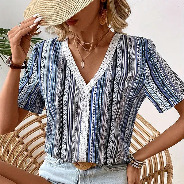 Thumbnail of Casual Striped V-Neck Top with Lace Trim