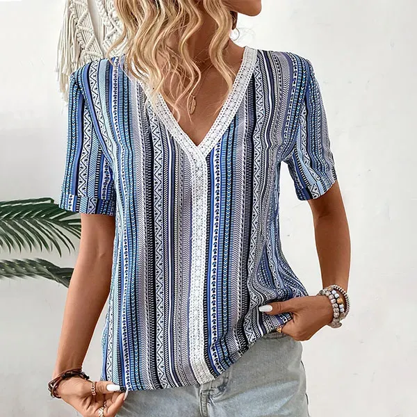 Casual Striped V-Neck Top with Lace Trim