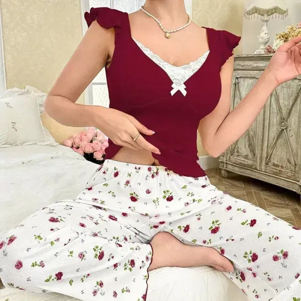 Thumbnail of Lace Trim Cherry Print Pajama Set | Dorbe UAE