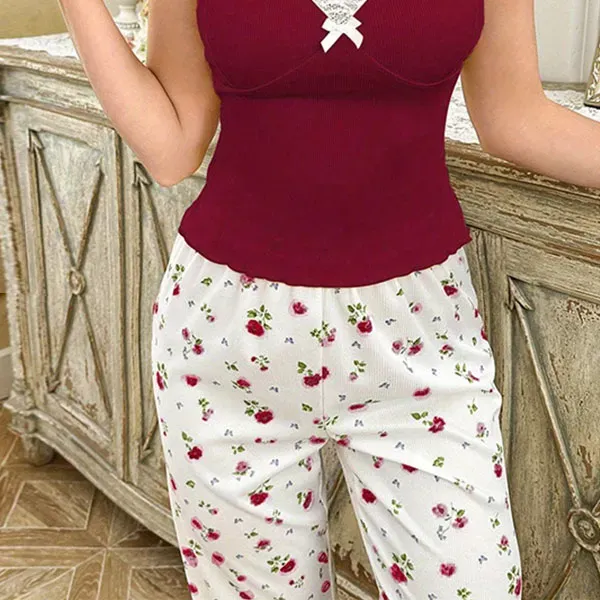 Thumbnail of Lace Trim Cherry Print Pajama Set | Dorbe UAE