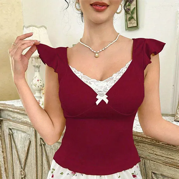 Thumbnail of Lace Trim Cherry Print Pajama Set | Dorbe UAE