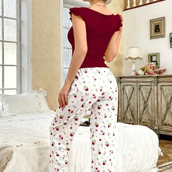 Lace Trim Cherry Print Pajama Set | Dorbe UAE
