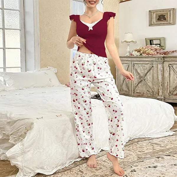 Lace Trim Cherry Print Pajama Set | Dorbe UAE