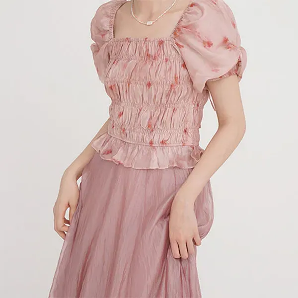 Elegant Pink Floral Smocked Top & Flowy Skirt Set - Women's Co-ord