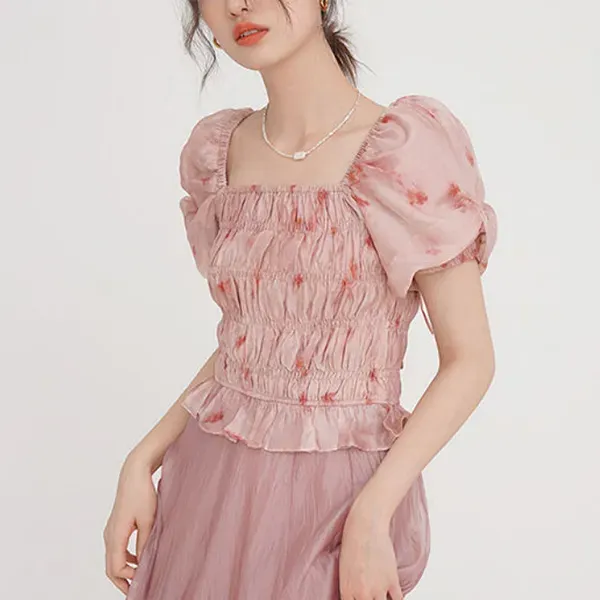 Thumbnail of Elegant Pink Floral Smocked Top & Flowy Skirt Set - Women's Co-ord