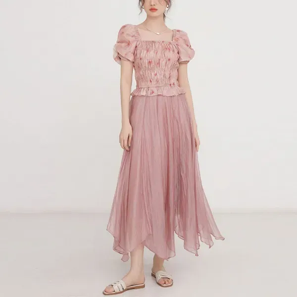Thumbnail of Elegant Pink Floral Smocked Top & Flowy Skirt Set - Women's Co-ord
