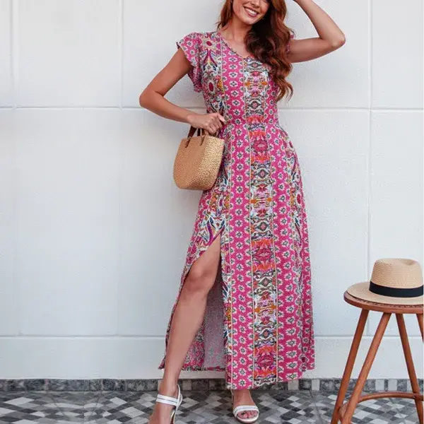Casual Boho Print Slit Design Sleeveless Women Maxi Dress