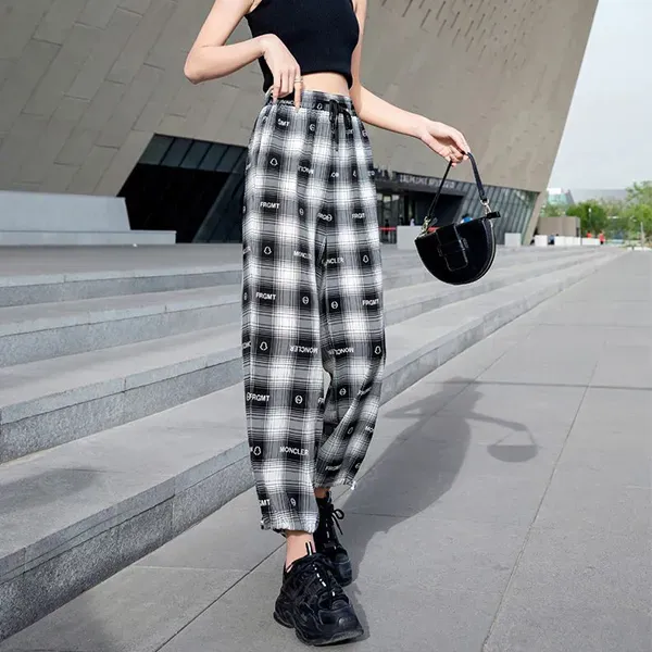 Chic Plaid Pattern String Closure Wide-Leg Pants For Everyday Comfort