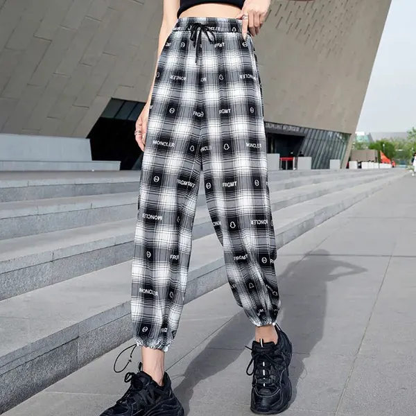 Chic Plaid Pattern String Closure Wide-Leg Pants For Everyday Comfort
