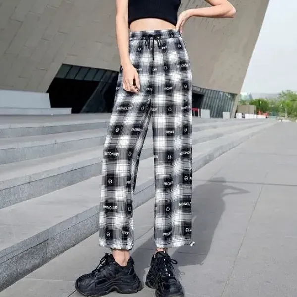 Chic Plaid Pattern String Closure Wide-Leg Pants For Everyday Comfort