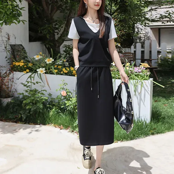 Casual Black Color Drawstring Closure Two Piece Midi Dress