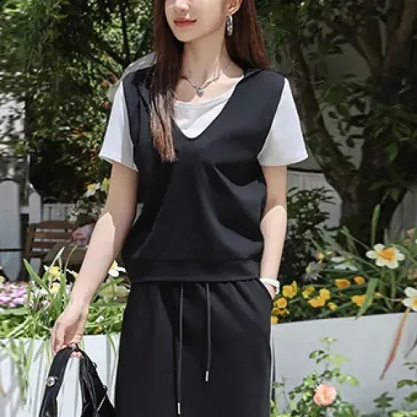 Thumbnail of Casual Black Color Drawstring Closure Two Piece Midi Dress