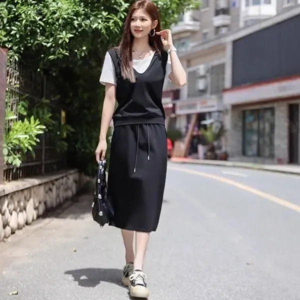 Thumbnail of Casual Black Color Drawstring Closure Two Piece Midi Dress