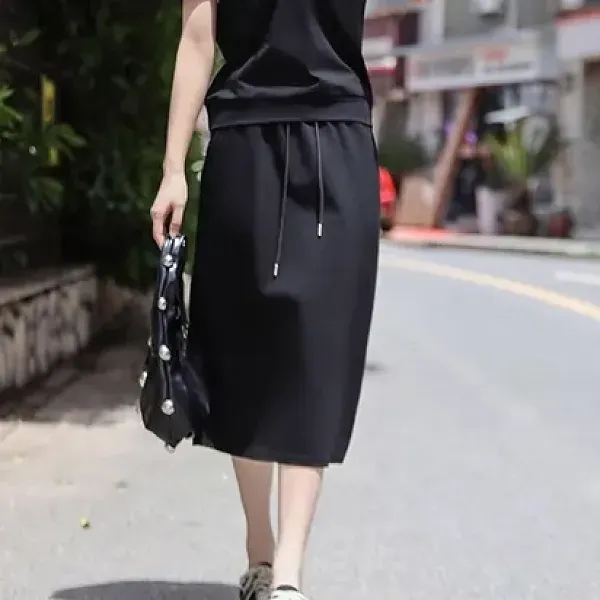 Casual Black Color Drawstring Closure Two Piece Midi Dress