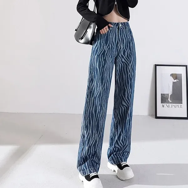 Trendy Zebra Print Wide Leg Jeans - Women's High Waist Denim