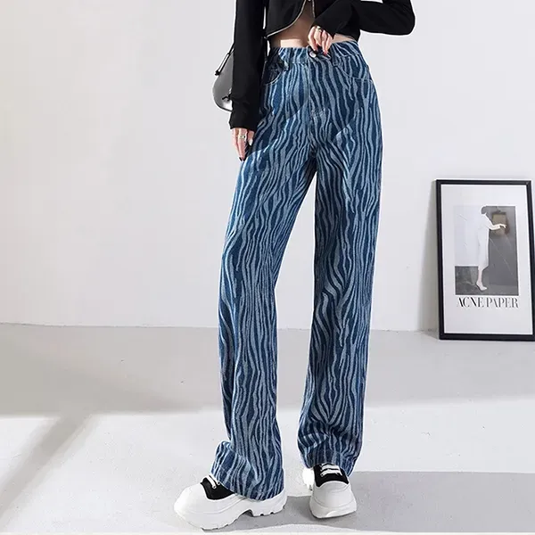 Trendy Zebra Print Wide Leg Jeans - Women's High Waist Denim