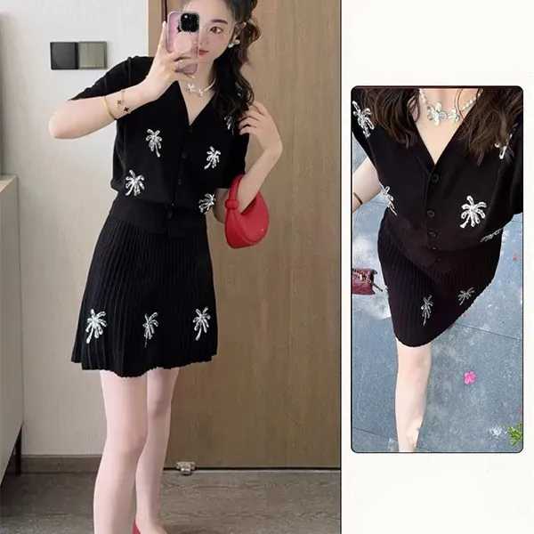 Black Ribbed Knit Co-ord Set Palm Tree Design