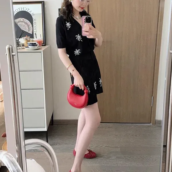 Black Ribbed Knit Co-ord Set Palm Tree Design