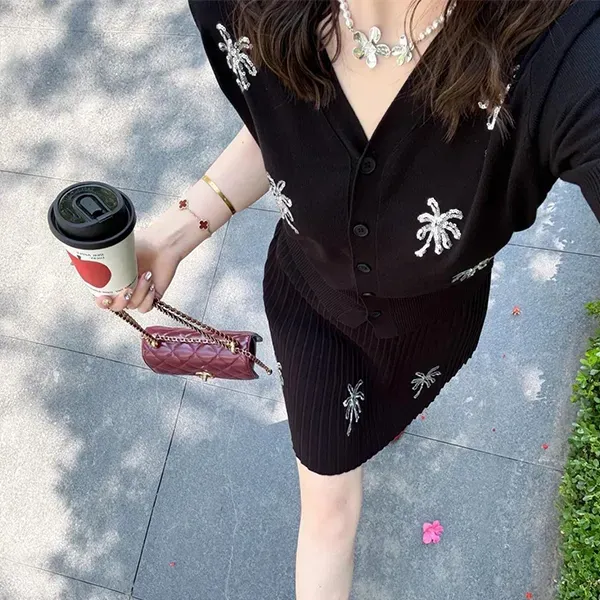 Thumbnail of Black Ribbed Knit Co-ord Set Palm Tree Design