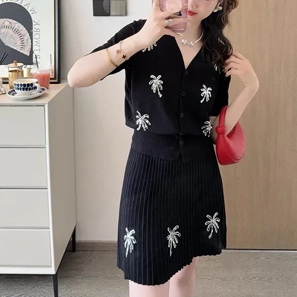 Black Ribbed Knit Co-ord Set Palm Tree Design