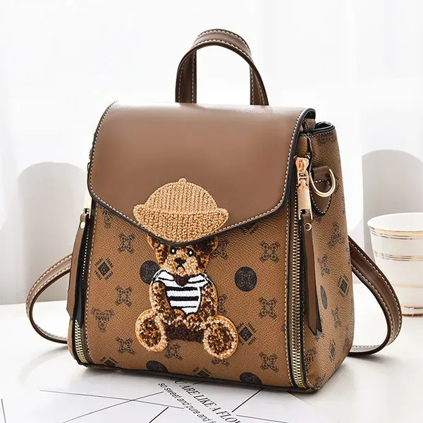 Teddy Bear Patch Monogram Print Backpack